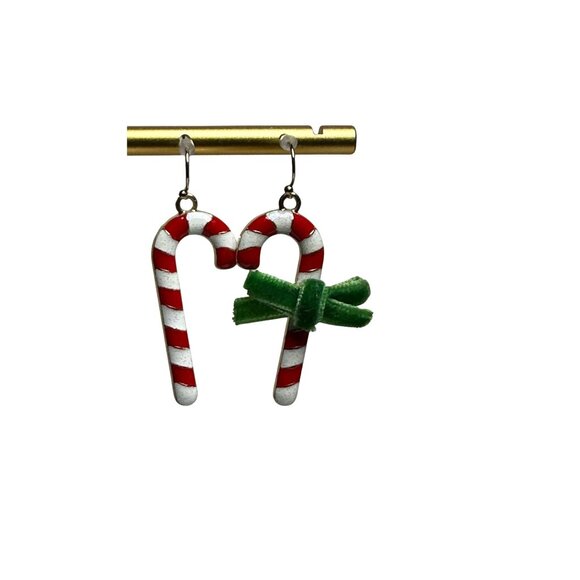 Candy Cane Dangle Earrings With Green Bow Christmas Holiday Jewelry - Picture 4 of 5